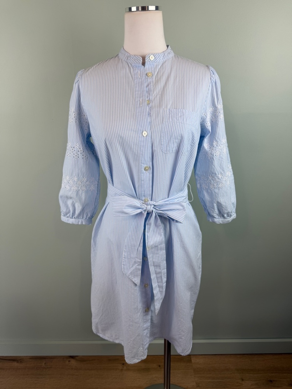 LOFT Blue Stripe Embroidered Eyelet Sleeve Cotton Mini Shirtdress Size SP preppy